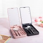 Personalized Watercolor Birth Flower Name 5 Pcs Makeup Brush Set with Rotatable LED Mirror and Data Cable Birthday Wedding Travel Gift for Women