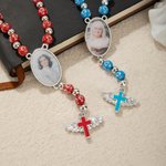 Personalised Photo Cross Beaded Necklace with Angel Wings Cross Pendant Memorial Prayer Religious Gift for Family Christian