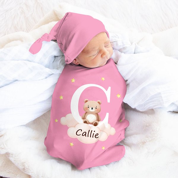 Personalized Multi-color Cute Animal 100% Cotton Soft Swaddle and Knot Hat Set with Initial and Name Baby Shower Baptism Gift for Newborn