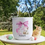 Personalisierte rosa Schleife Hase erste wiederverwendbare Leinwand Korb mit Namen Ei Jagd Zubehör Geburtstag Party Geschenk für Jungen Mädchen