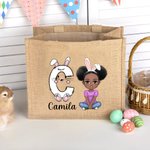 Personalisiertes Tote Bag Jute-Tasche Osterhase Initial Name Cartoon Charakter Ostereiersuche Geburtstag Geschenk für Mädchen Jungen