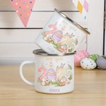 Personalisierte Happy 2025 Ostern niedlich Hase Muster 11oz Silber Rand Edelstahl Emaille Becher mit Namen Ostern Familie Versammlung Party Geschenk für Kinder