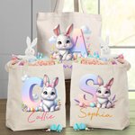 Personalized Cute Bow Bunny Egg Floral Initial Canvas Bag with Name Easter Egg Hunting Game School Party Gift for Kids