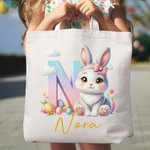 Personalized Cute Bow Bunny Egg Floral Initial Canvas Bag with Name Easter Egg Hunting Game School Party Gift for Kids