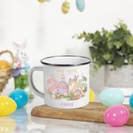 Personalisierte Happy 2025 Ostern niedlich Hase Muster 11oz Silber Rand Edelstahl Emaille Becher mit Namen Ostern Familie Versammlung Party Geschenk für Kinder