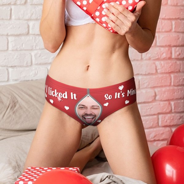 Personalised Funny Face Photo I Licked It Low-waisted Brief with Name Women's Underwear Valentine's Day Anniversary Gift for Women