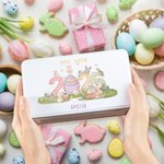 Personalized 2025 Easter Bunny Eggs Food Grade Metal Candy Chocolate Tin Box with Name Easter Birthday Gift for Kids Family