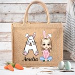Personalisiertes Tote Bag Jute-Tasche Osterhase Initial Name Cartoon Charakter Ostereiersuche Geburtstag Geschenk für Mädchen Jungen