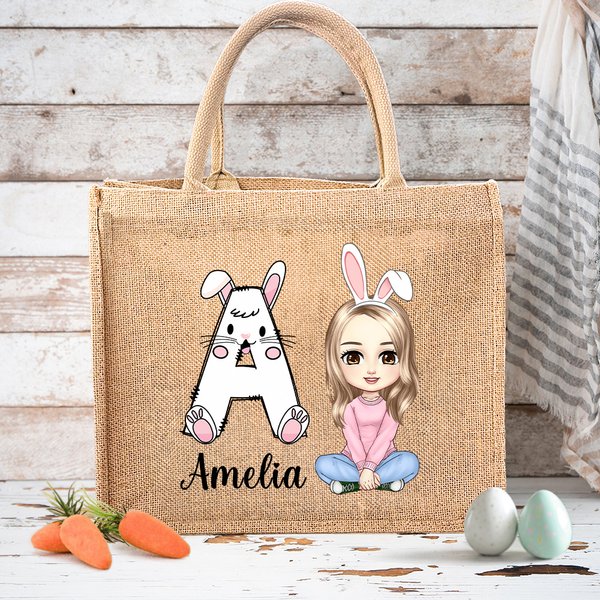 Personlig Söt Påskhare Initial Namn Tecknad Karaktär Stor Jute Tote Bag Påskägg Jakt Födelsedagspresent för Flickor Pojkar