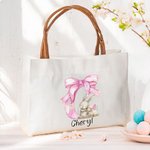 Personalized Cute Easter Bunny Pink Bow Initial Large Canvas Tote Bag with Name and Leather Handle Easter Birthday Gift for Women