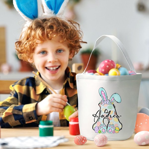 Gepersonaliseerde Leuke Strik Konijntje Oor Initiaal Herbruikbare Canvas Mand met Naam Eierjacht Accessoires Feest Verjaardagscadeau voor Jongens Meisjes