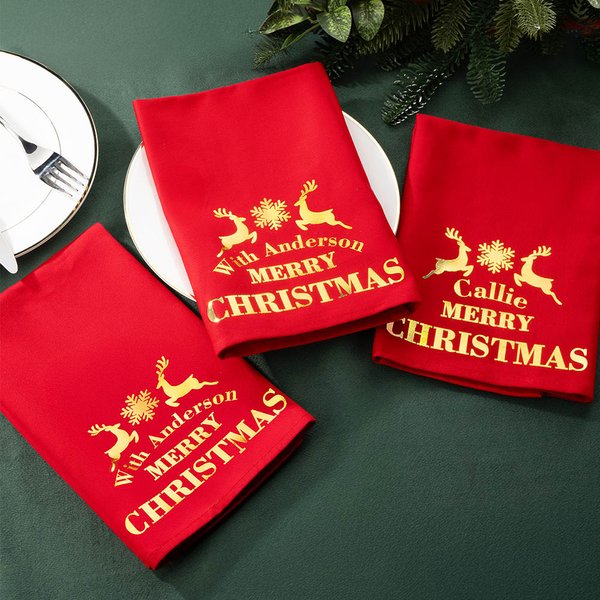 Personalized Merry Christmas 100% Cotton Reusable Napkin with Gold Name Table Decor Christmas Housewarming Gift for Family