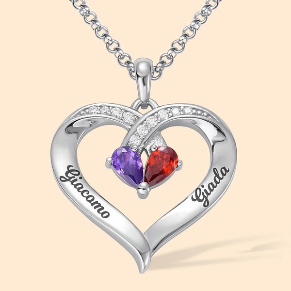 Collana con pendente a cuore insieme per sempre in argento sterling con doppia pietra di nascita e nomi incisi regalo di San Valentino per donne