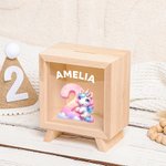 Personalized Fantasy Unicorn Dinosaur Construction Vehicles Number Wooden Clear Money Box Piggy Bank with Name Birthday Desk Decor Gift for Boys Girls