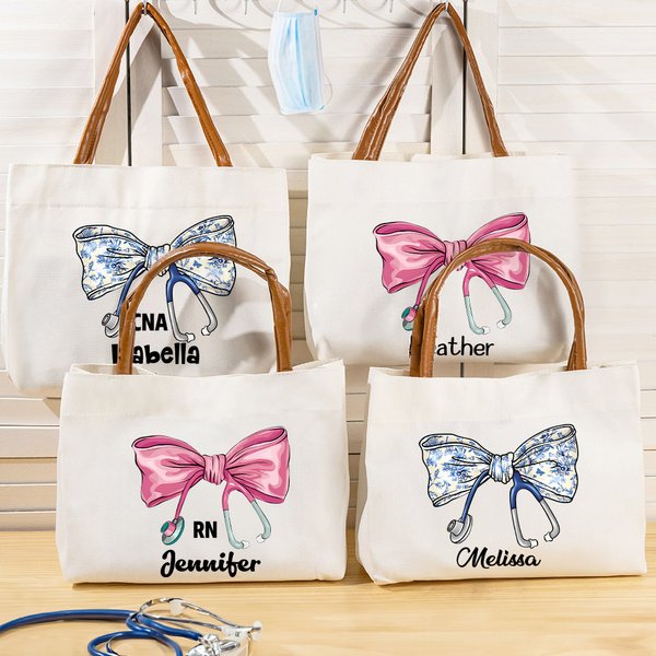 Personalized Medical Bow Stethoscope Leather Handle Canvas Tote Bag with Name Appreciation Graduation Gift for Nurse Doctor Medical Staff