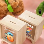 Personalized Fantasy Unicorn Dinosaur Construction Vehicles Number Wooden Clear Money Box Piggy Bank with Name Birthday Desk Decor Gift for Boys Girls