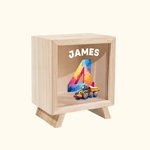 Personalized Fantasy Unicorn Dinosaur Construction Vehicles Number Wooden Clear Money Box Piggy Bank with Name Birthday Desk Decor Gift for Boys Girls