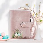 Personalizado portátil floral cruz huevos de Pascua de cuero de tres pliegues billetera con nombre y correa de muñeca de cumpleaños de Pascua de regalo para las mujeres cristianas