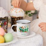 Taza esmaltada de 11 oz personalizada con el nombre Conejo dormido en una cesta Regalo de cumpleaños de Pascua para niños Niñas