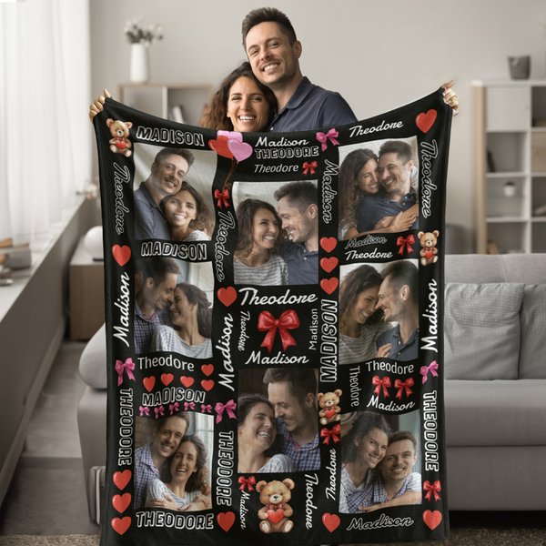 Personalized Love Bow Word Cloud 1-8 Photos Soft Throw Blanket with Name Home Decor Valentine's Day Anniversary Gift for Couple