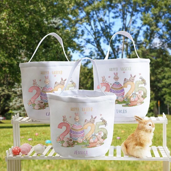 Gepersonaliseerde 2025 Paashaas Eieren Herbruikbare Canvas Mand met Naam Eieren Jagen Vrolijk Pasen Cadeau voor Jongens Meisjes