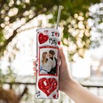 Gepersonaliseerde Faux Glitter Liefde 5 Foto's Collage 20oz Skinny Tumbler met rietje en schoonmaakborstel Valentijnsdag Verjaardagscadeau voor koppels