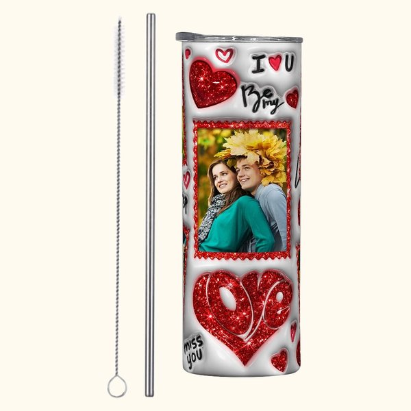 Personalized Faux Glitter Love 5 Photos Collage 20oz Skinny Tumbler with Straw and Cleaning Brush Valentine's Day Anniversary Gift for Couples