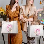 Personalized Cute Easter Bunny Pink Bow Initial Large Canvas Tote Bag with Name and Leather Handle Easter Birthday Gift for Women