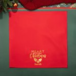 Personalizada 100% Algodón Holly Foil Estampado clásico rojo de Navidad Servilleta de mesa con nombre de oro Decoración de la mesa de vacaciones de Navidad Regalo para la familia amigo