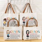 Personalisierte Chaos Koordinator Cartoon Charakter Leder Griff Canvas Tote Bag mit Namen Geburtstag Wertschätzung Muttertag Geschenk für Frauen