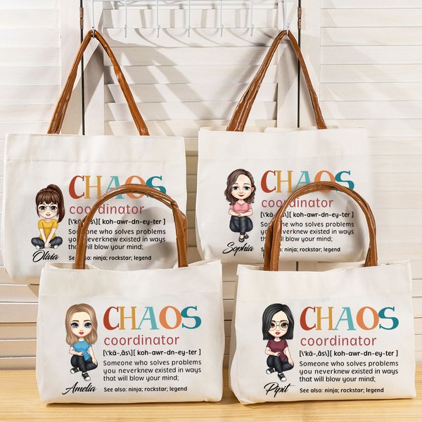 Personalized Chaos Coordinator Cartoon Character Leather Handle Canvas Tote Bag with Name Birthday Appreciation Mother's Day Gift for Women