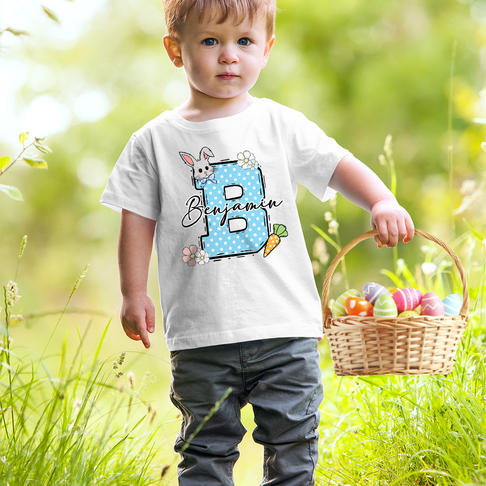 T-shirt enfant avec nom, lapin de Pâques, initiales de la carotte, 100% coton, personnalisé Multicolore, cadeau de fête de Pâques pour garçons et filles