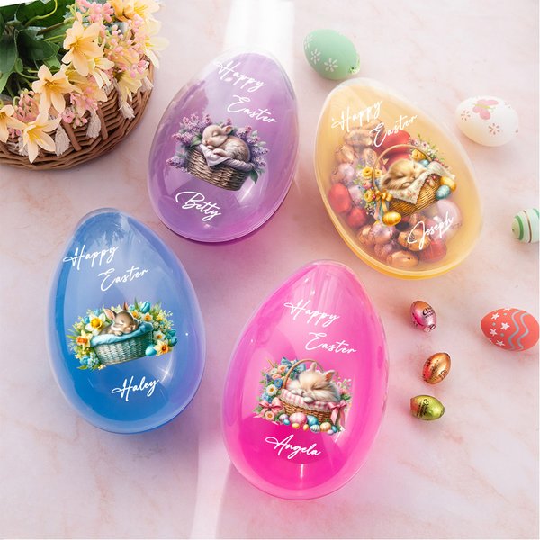 Personalisierte niedlichen schlafenden Hase in einem Korb füllbare Osterei mit Namen Ostern Party Geschenk für Kinder