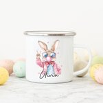 Personalisierte niedliche Sonnenbrille Osterhase Design 12oz Emaille Becher mit Namen Ostern Party Geburtstag Geschenk für Kinder Familie