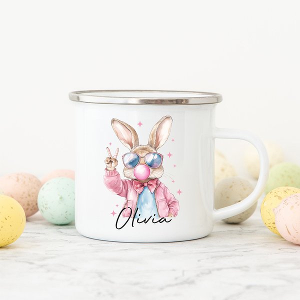 Personalisierte niedliche Sonnenbrille Osterhase Design 12oz Emaille Becher mit Namen Ostern Party Geburtstag Geschenk für Kinder Familie