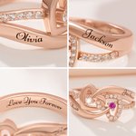 Personalized Double Heart Intertwined Birthstone Sterling Silver Ring with Engraved Text and Zircon Valentine's Day Wedding Gift for Women
