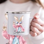 Personalisierte niedliche Sonnenbrille Osterhase Design 12oz Emaille Becher mit Namen Ostern Party Geburtstag Geschenk für Kinder Familie