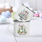 Personalisierte bunte Eier floralen Kreuz 11oz Edelstahl-Emaille-Becher mit Namen Ostern Party Urlaub Geschenk für Jungen Mädchen