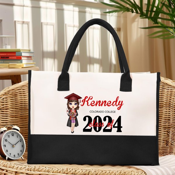Gepersonaliseerde Bachelor's Suit Cartoon Graduate Girl Canvas Tote Bag met naam en jaar Afstuderen Gift voor Schoolgenoten Vrienden
