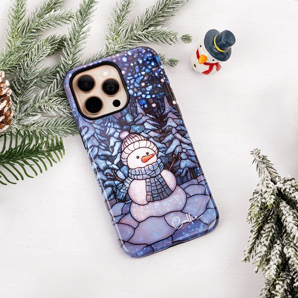 Personalized Snowman Forest Wonderland Faux Glass Effect Double-layer Phone Case for iPhone Samsung with Name Birthday Gift for Family Friend