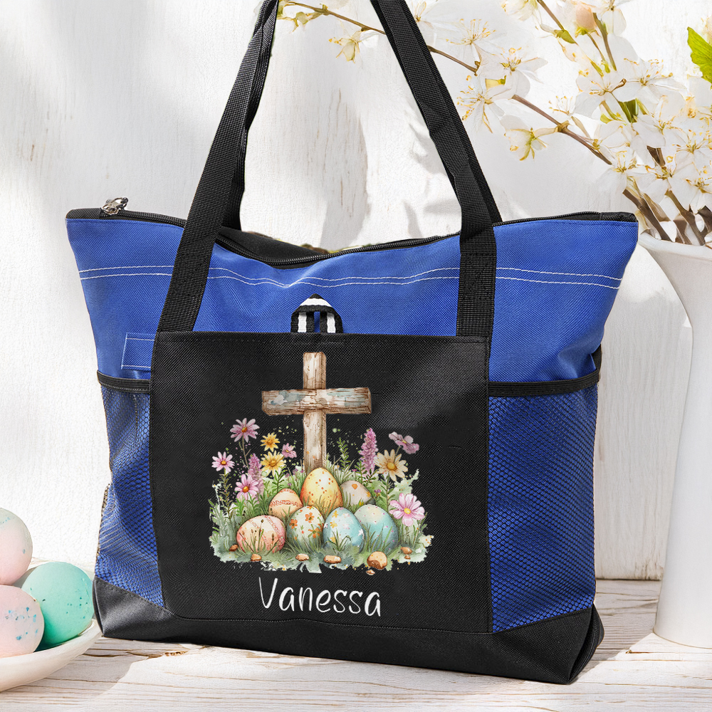 Sac fourre-tout à fermeture éclair personnalisé avec nom et pochette en maille Œufs de Pâques Floral Cross Prayer Day Easter Storage Holiday Gift for Women Christian