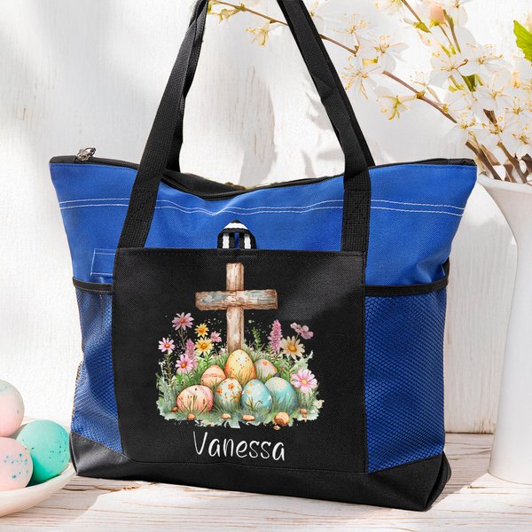 Huevos de Pascua personalizados Floral Cruz Cremallera Bolsa Tote con nombre y bolsillo de malla Oración Día de Pascua de almacenamiento de vacaciones de regalo para las mujeres cristianas