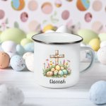 Personalisierte bunte Eier floralen Kreuz 11oz Edelstahl-Emaille-Becher mit Namen Ostern Party Urlaub Geschenk für Jungen Mädchen