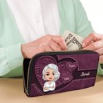 Personalized Retro Heart Cartoon Character PU Leather Long Wallet with 1-8 Names and with Multiple Compartments Birthday Mother's Day Gift for Women