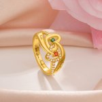Personalized Double Heart Intertwined Birthstone Sterling Silver Ring with Engraved Text and Zircon Valentine's Day Wedding Gift for Women