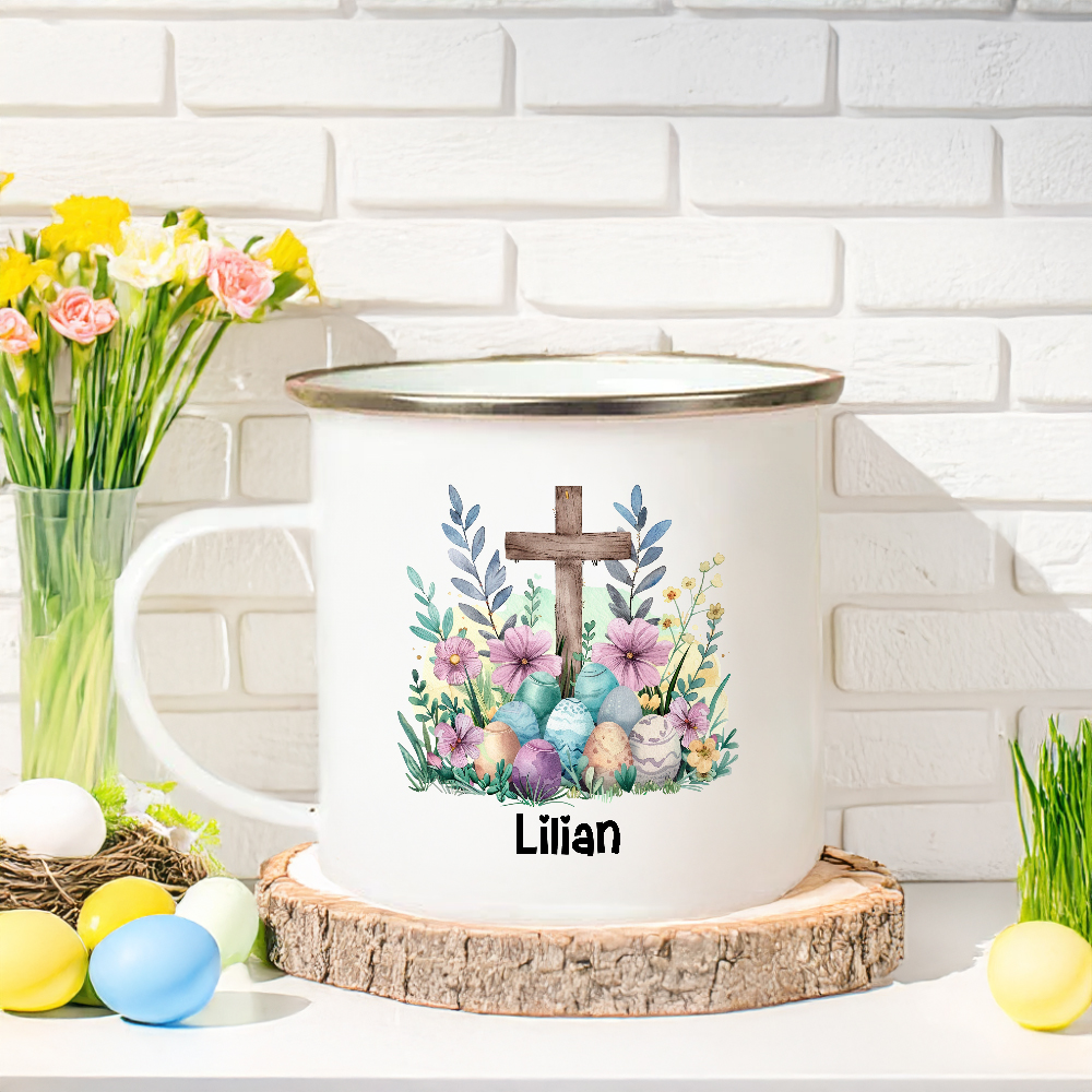 Tasse en acier inoxydable émaillée avec nom, œufs colorés, croix florale, 11 oz, cadeau de fête de Pâques pour garçons et filles
