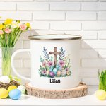 Personalisierte bunte Eier floralen Kreuz 11oz Edelstahl-Emaille-Becher mit Namen Ostern Party Urlaub Geschenk für Jungen Mädchen