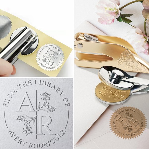 Personalized Birth Flower Initials Name Embosser Stamp Hand Held Embosser Set Birthday Gift for Book Lovers Bookworm