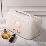 Personalized Watercolour Rainbow Leather Wide Open Makeup Bag with Name Portable Travel Accessories Birthday Gift for Women Girls