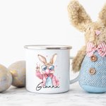 Personalisierte niedliche Sonnenbrille Osterhase Design 12oz Emaille Becher mit Namen Ostern Party Geburtstag Geschenk für Kinder Familie